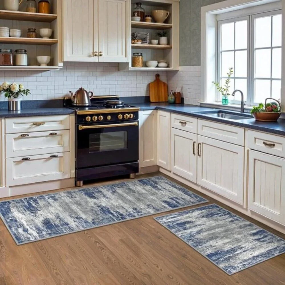 New 3-Piece Blue & Ivory Kitchen Rug Set, Non-Slip, Washable, Waterproof Mats